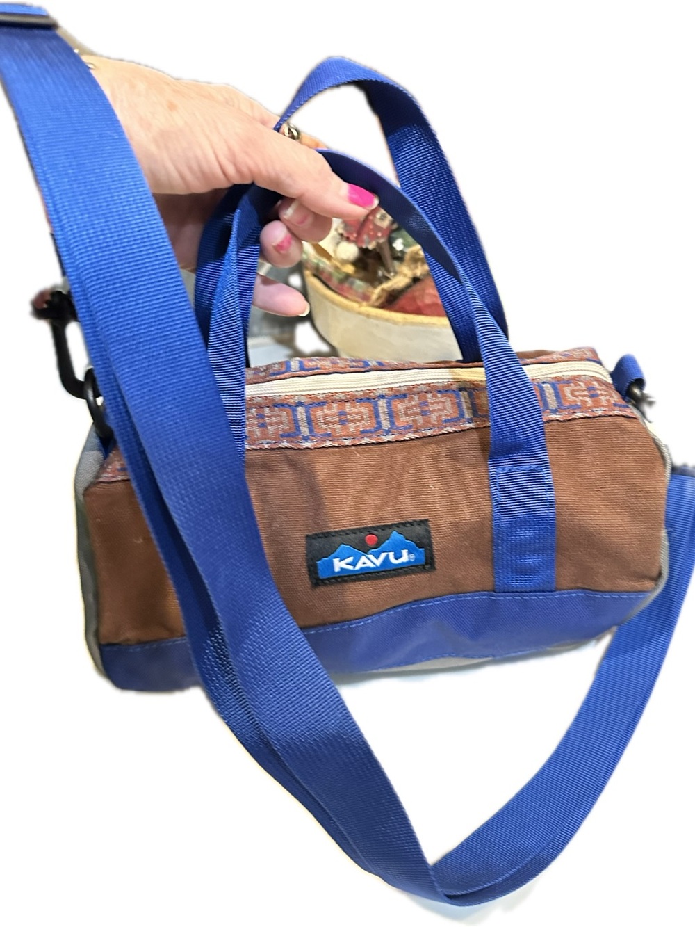 KAVU UNISEX MINI SMALL DUFFLE BAG BROWN BLUE CARRYALL PURSE TRAVEL HANDLED XBODY - Picture 6 of 11